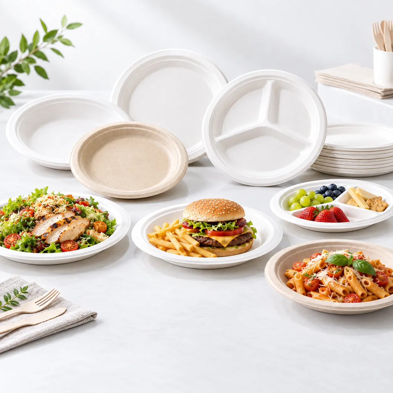 Stack of disposable paper plates from a paper plate manufacturer for foodservice